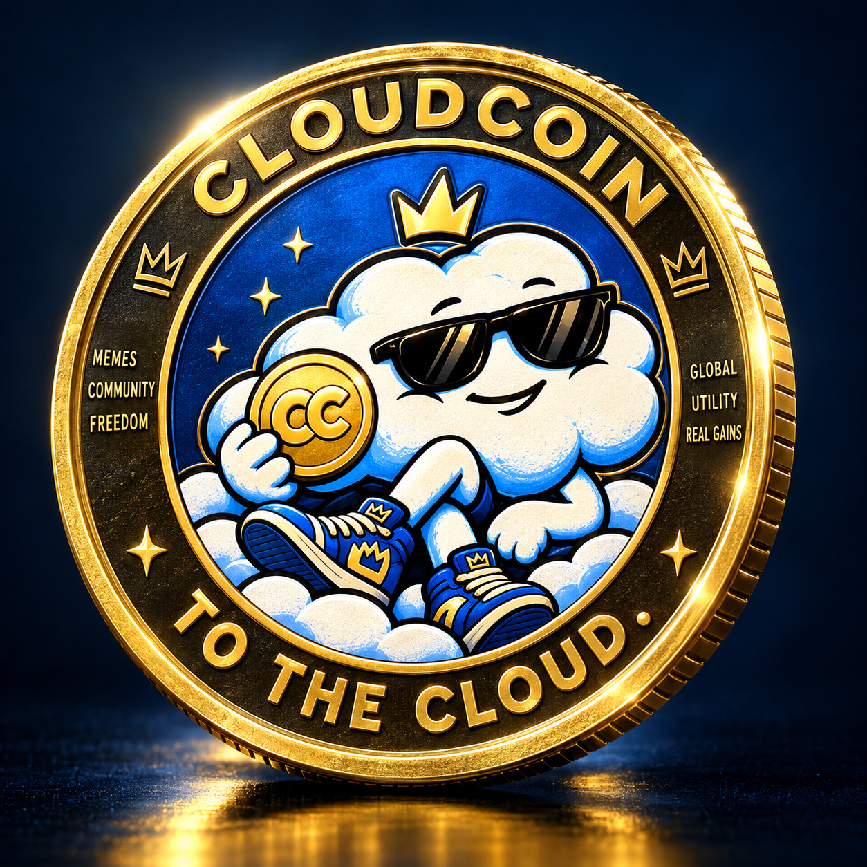 CloudCoin gold coin with the sunglasses cloud mascot