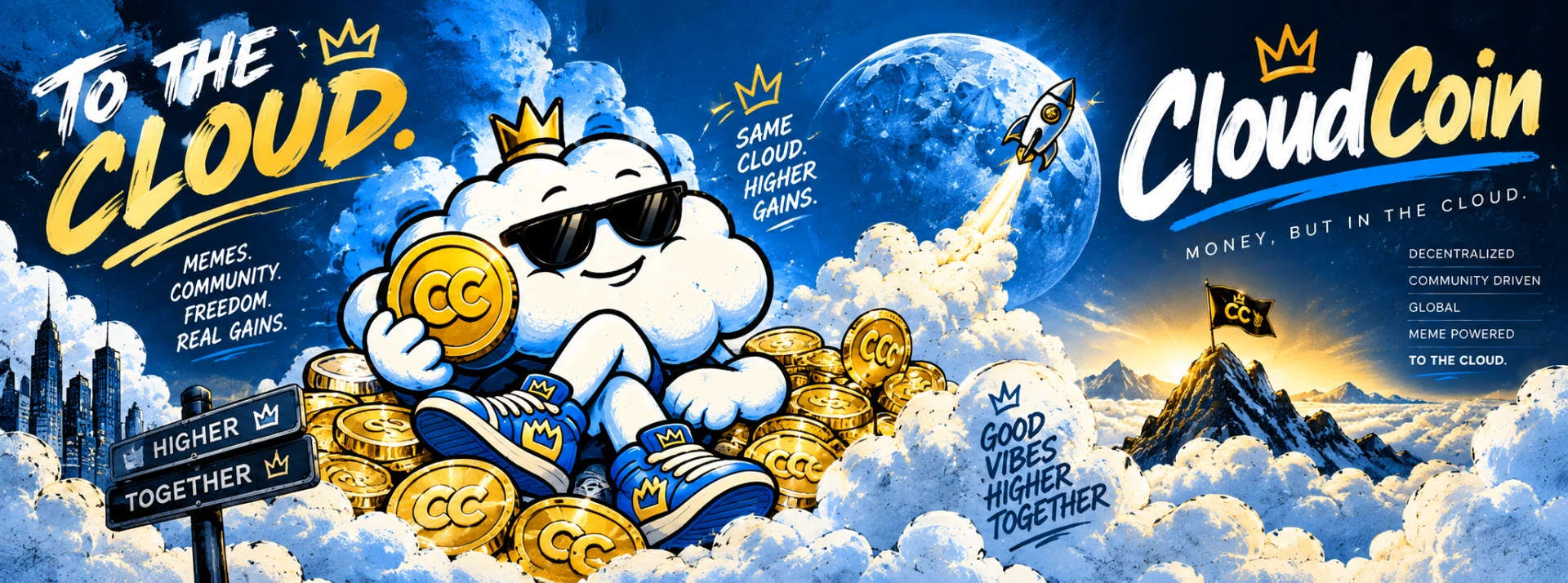 CloudCoin mascot sitting on a pile of gold coins above the clouds