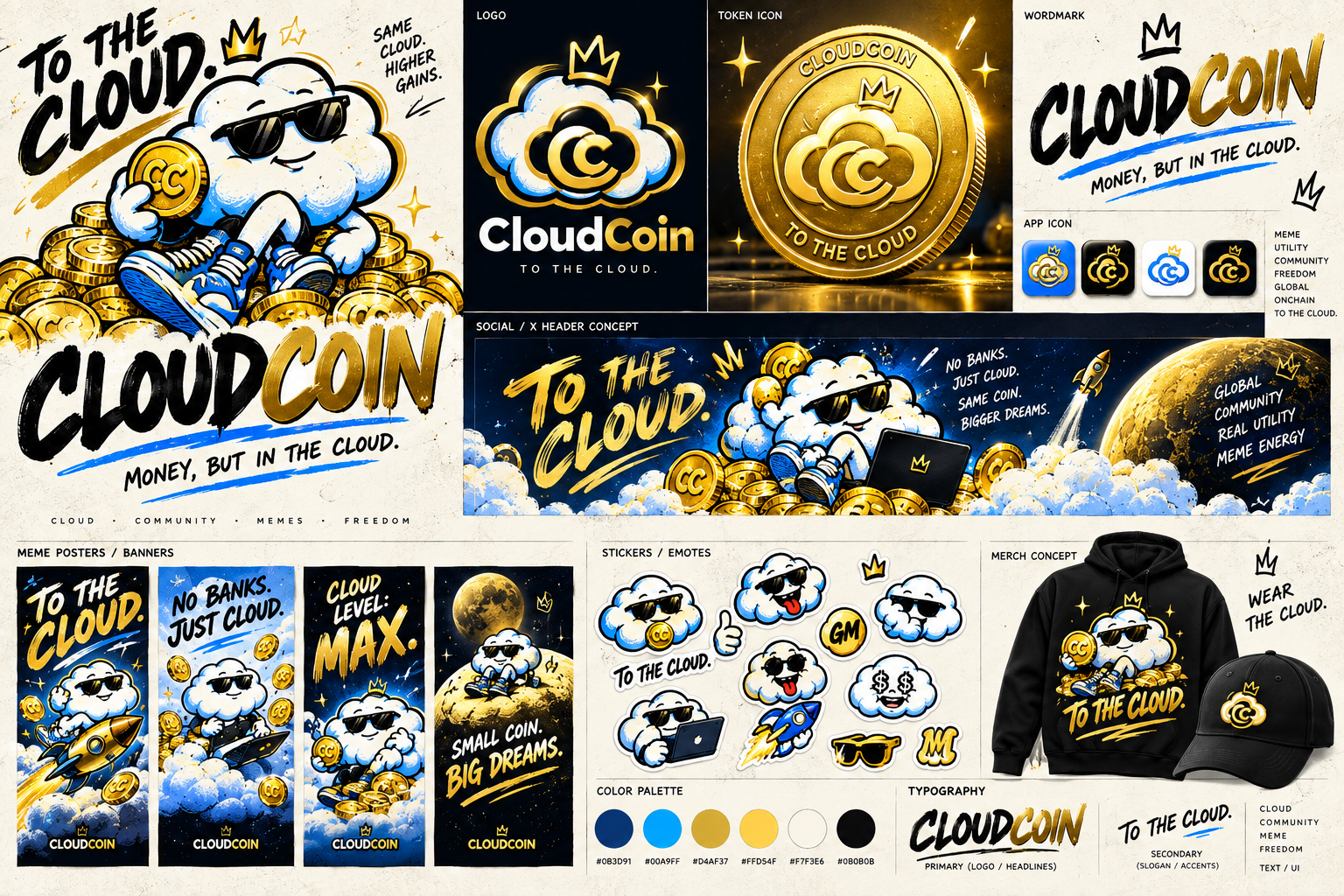 CloudCoin brand kit with logo, stickers, posters and merch concepts